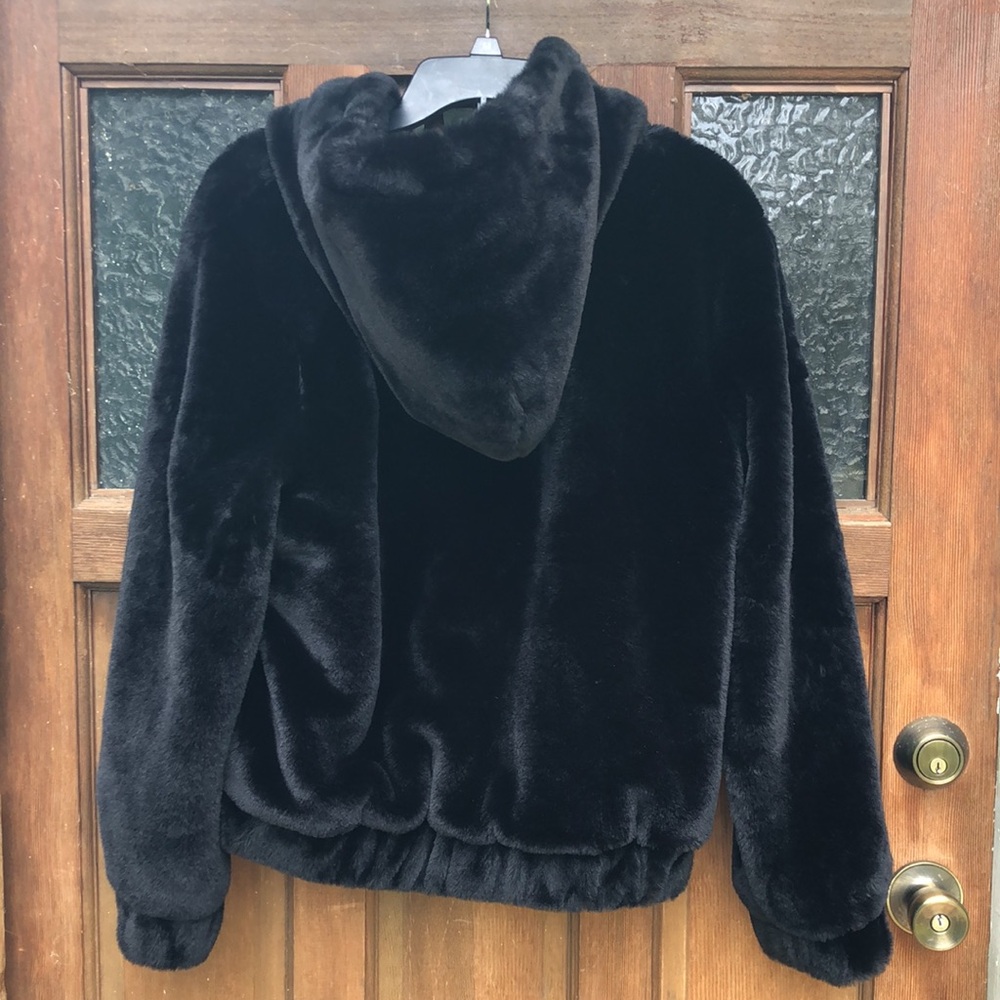 Sweet Rain Black Faux Fur Women's Hooded Jacket Bomber Coat - Picture 3 of 3